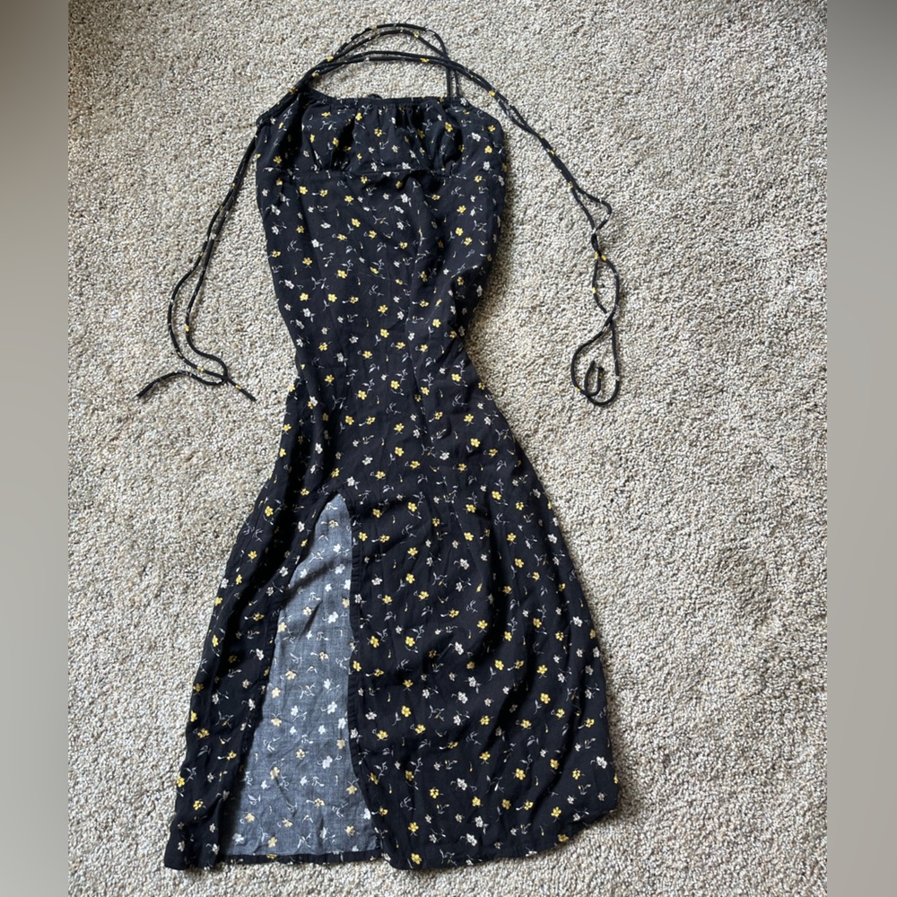 Floral Black and Yellow Drawstring Dress